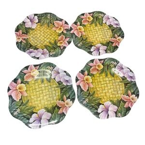 Set of 4 Merritt Tropical Floral Melamine Dinner Plates Wavy Edge Hibiscus